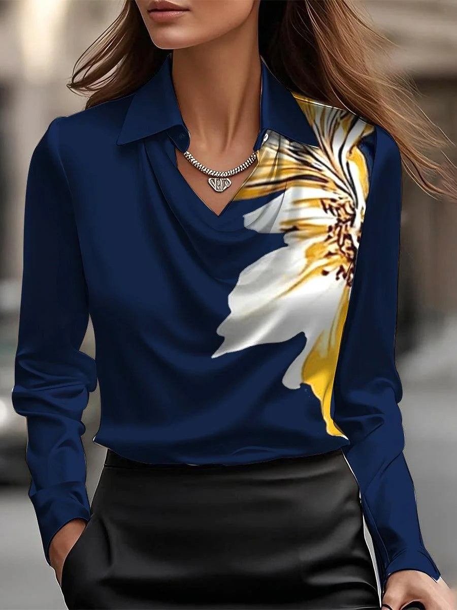 Solid Satin Flower Print Simple Swing Collar Shirt Top