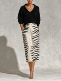 Aelyra - Soft-Touch Knit Jumper & Linen Zebra-Print Midi Skirt Set