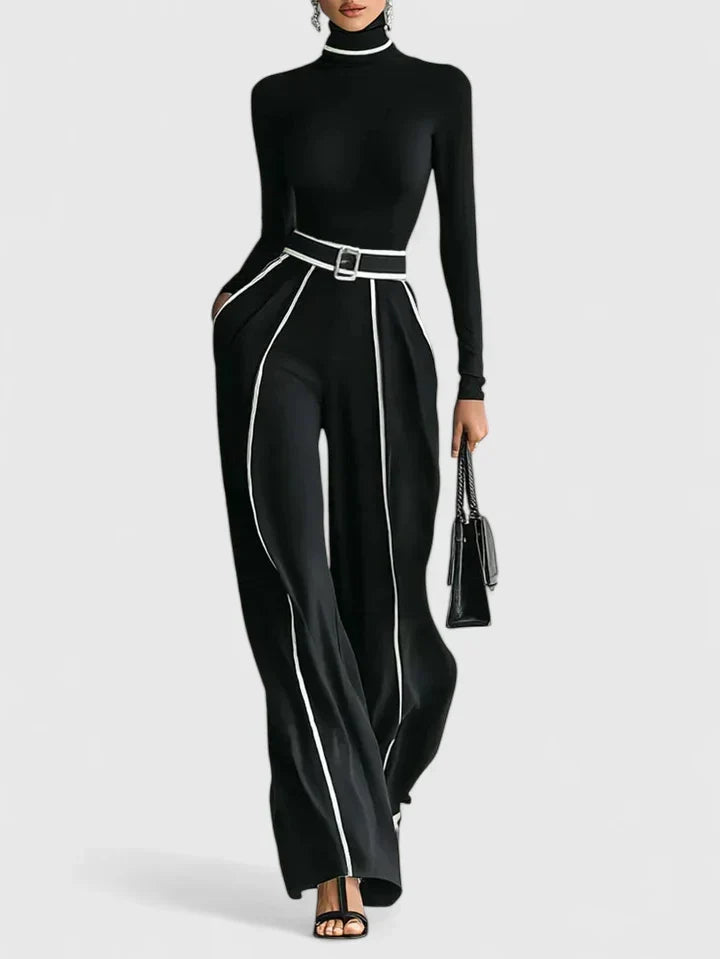 Women’s High-Neck Top and Belted Wide-Leg Trouser Set – Elegant Contrast Trim for Work and Evening Wear