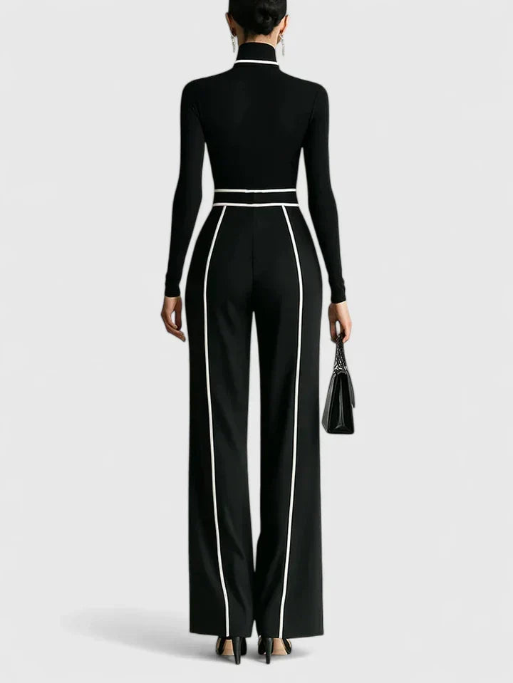 Women’s High-Neck Top and Belted Wide-Leg Trouser Set – Elegant Contrast Trim for Work and Evening Wear