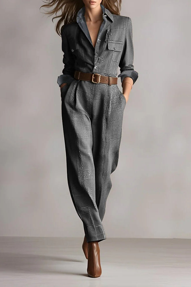 Modern Brown Sophisticated Tweed Texture Plaid Utility Jumpsuit