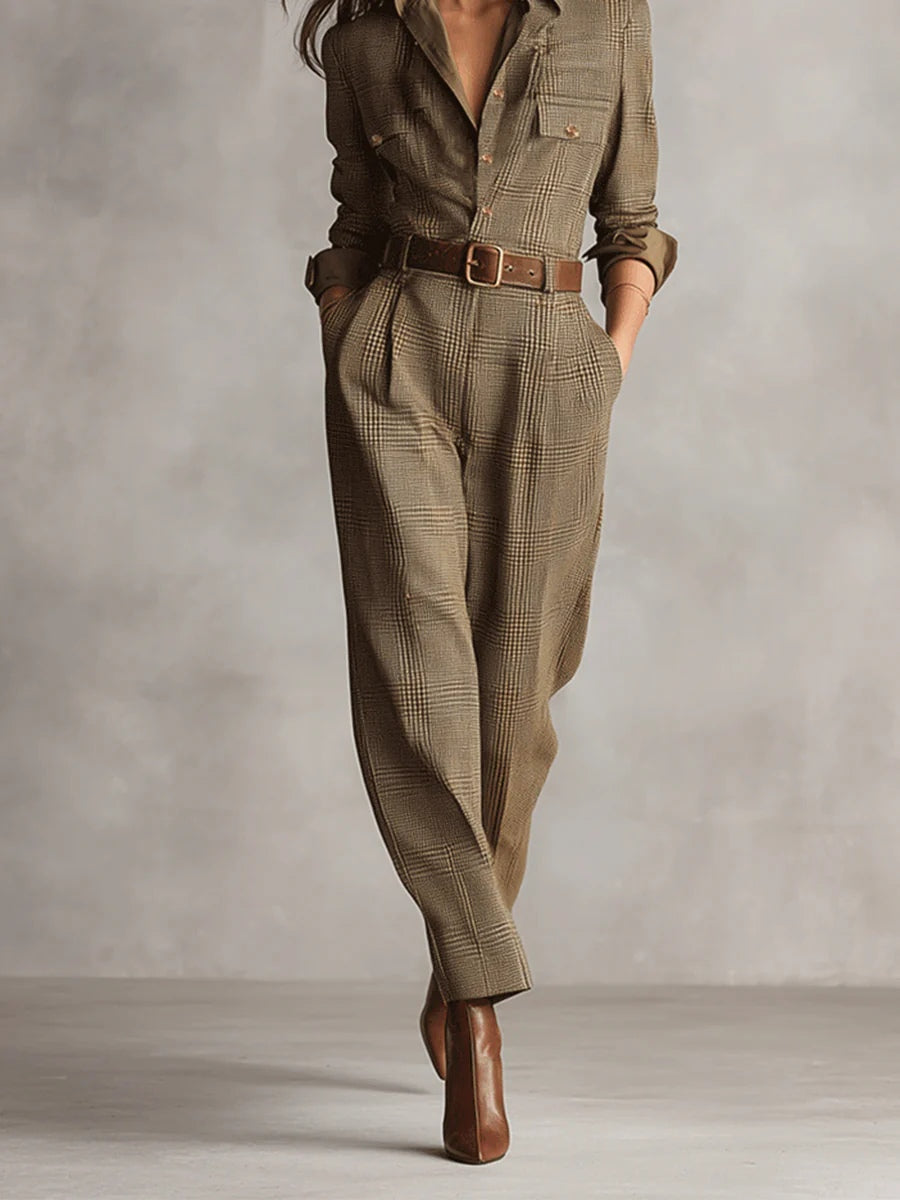 Women’s Textured Tweed Utility Jumpsuit with Button Front and Tailored Waist – Elegant Long Sleeve Outfit for Smart Casual Wear