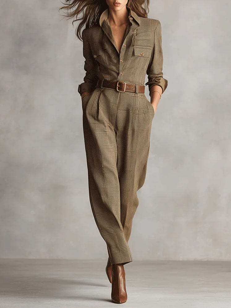 Women’s Textured Tweed Utility Jumpsuit with Button Front and Tailored Waist – Elegant Long Sleeve Outfit for Smart Casual Wear