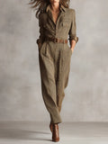 Women’s Textured Tweed Utility Jumpsuit with Button Front and Tailored Waist – Elegant Long Sleeve Outfit for Smart Casual Wear