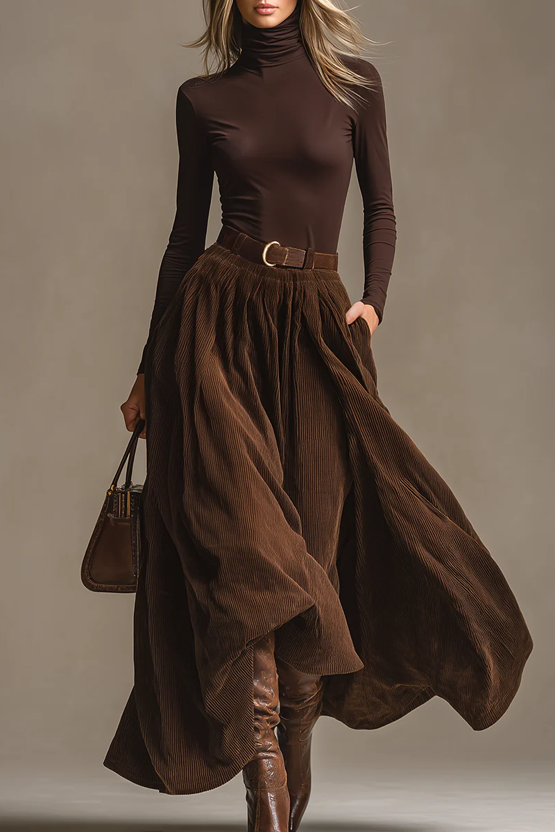 Coordinated Dark Brown Turtleneck Top And Corduroy Skirt Set
