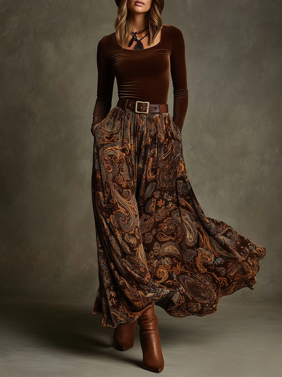 Gianna Velvet Top and Paisley Maxi Skirt Set
