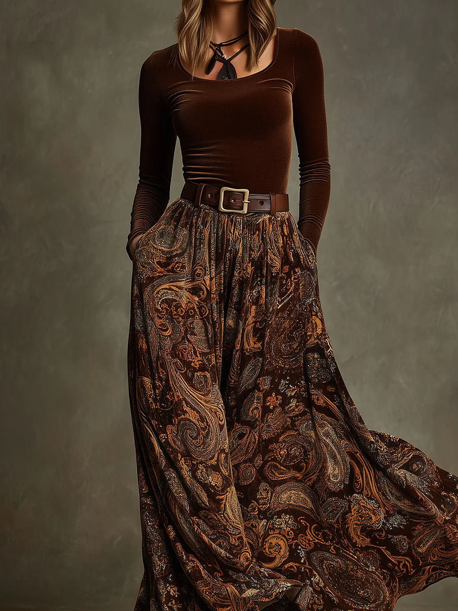 Gianna Velvet Top and Paisley Maxi Skirt Set