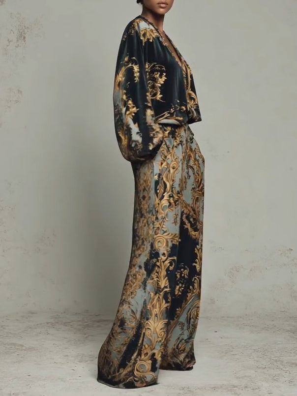 Isabella Baroque Floral Print V-Neck Pant Suit