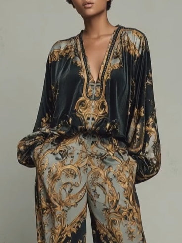 Isabella Baroque Floral Print V-Neck Pant Suit