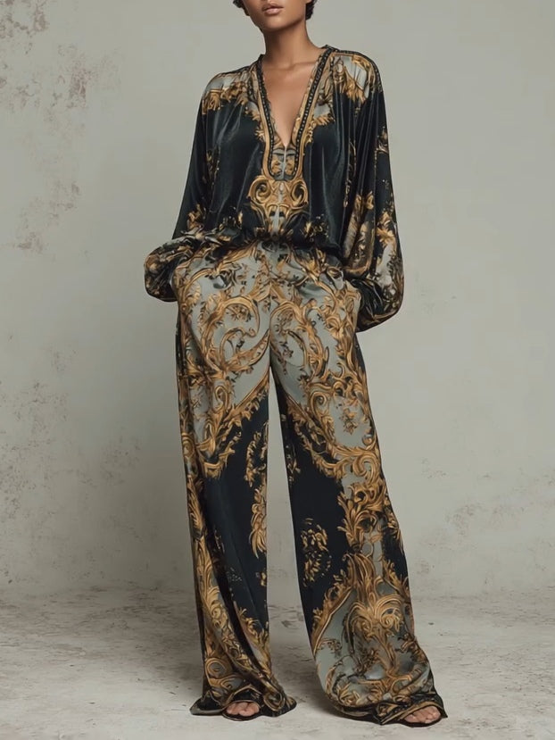 Isabella Baroque Floral Print V-Neck Pant Suit