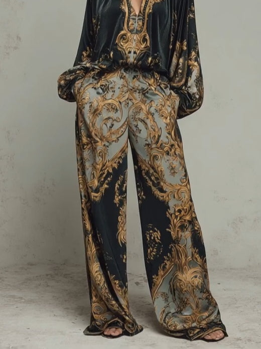 Isabella Baroque Floral Print V-Neck Pant Suit