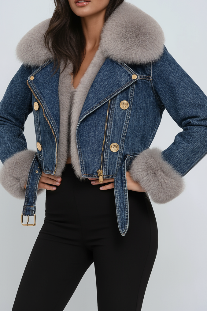Women’s Cropped Denim Jacket with Plush Fur Collar and Cuffs – Warm Casual Winter Outerwear with Statement Detailing