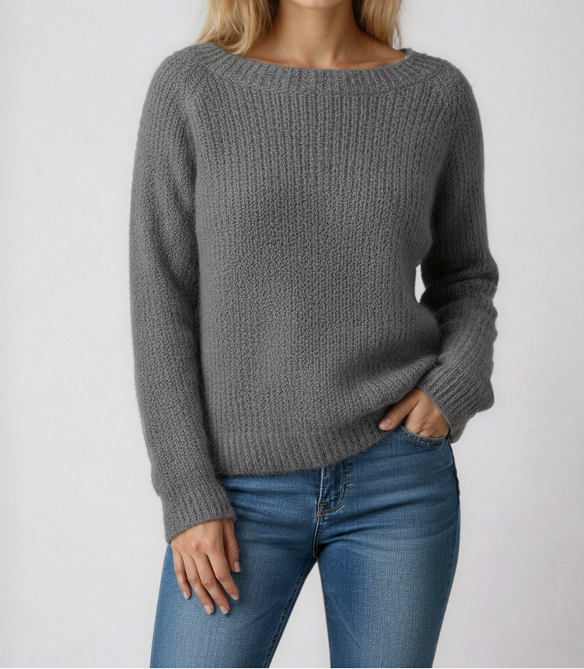 Women's Textured Boat Neck Knit Sweater – Relaxed Long Sleeve Pullover with Ribbed Trims for Autumn and Winter