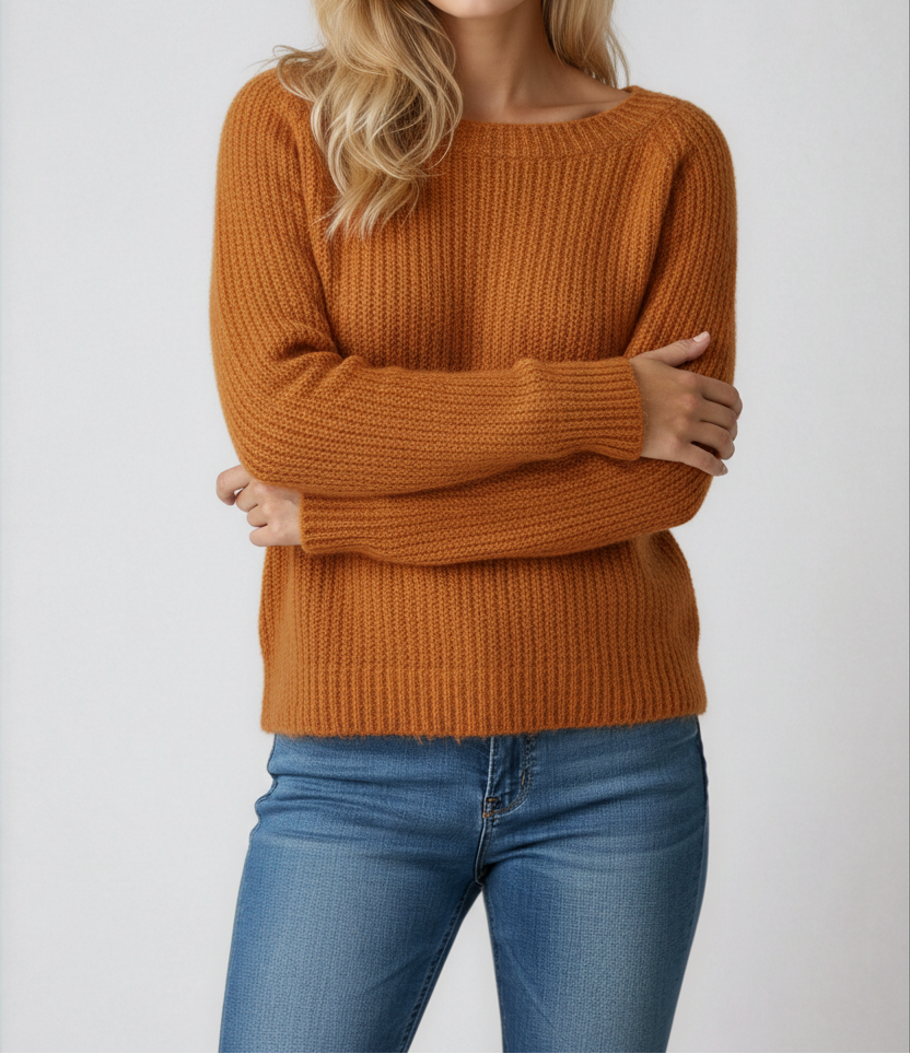 Women's Textured Boat Neck Knit Sweater – Relaxed Long Sleeve Pullover with Ribbed Trims for Autumn and Winter