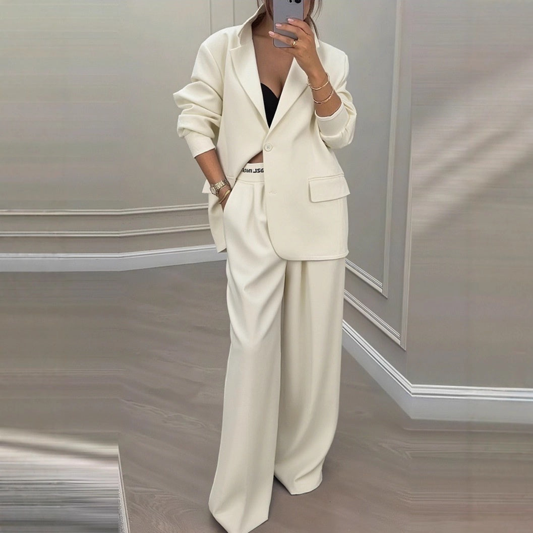 Women’s Elegant Tailored Blazer and Wide Leg Trouser Suit – Relaxed Fit Two-Piece Formal Outfit for Office and Smart Casual Wear