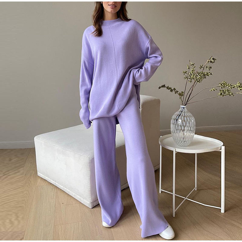 Women's Soft Knit Two-Piece Loungewear Set – Relaxed Turtleneck Jumper and Wide Leg Trousers for Autumn and Winter