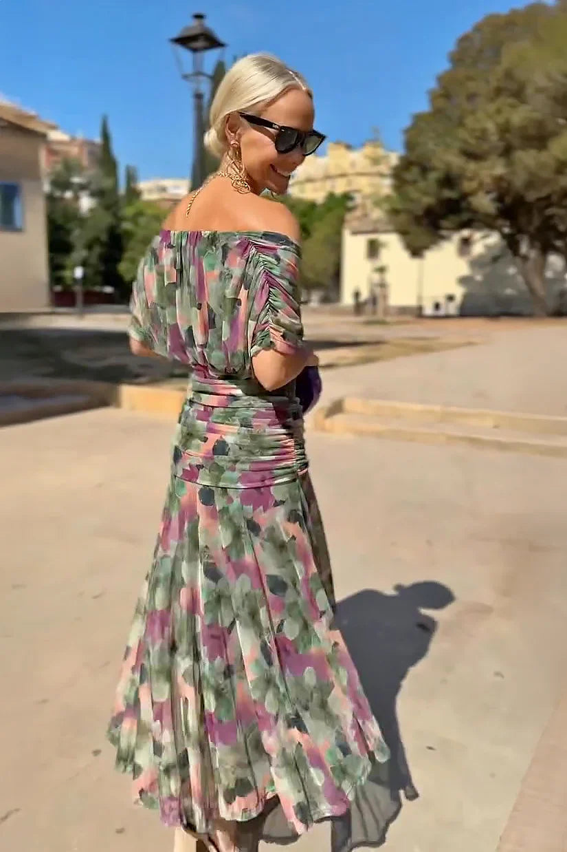 Refined V-Neck Fantasy Painted Flower Print Party Maxi-Length Dress