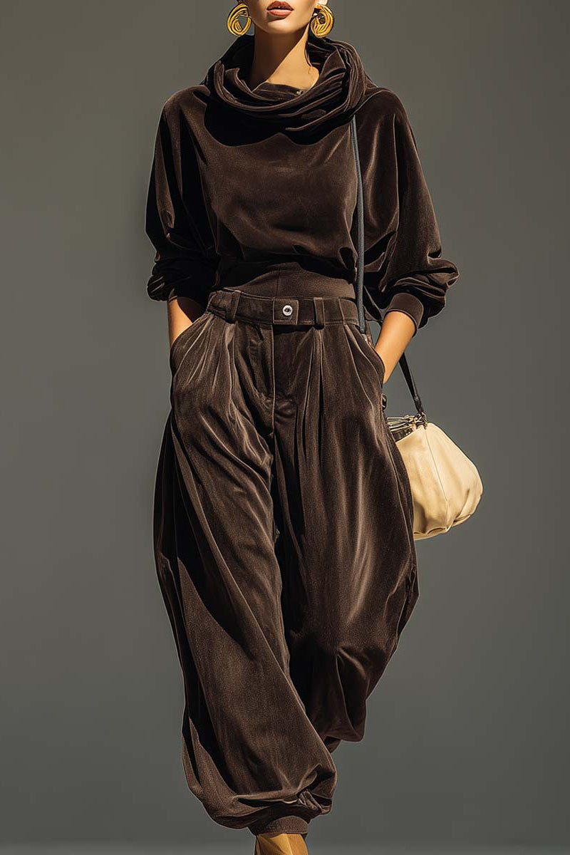 Retro Brown Velvet Hoodie And Loose-Fitting Trousers Set(Includes Belt)