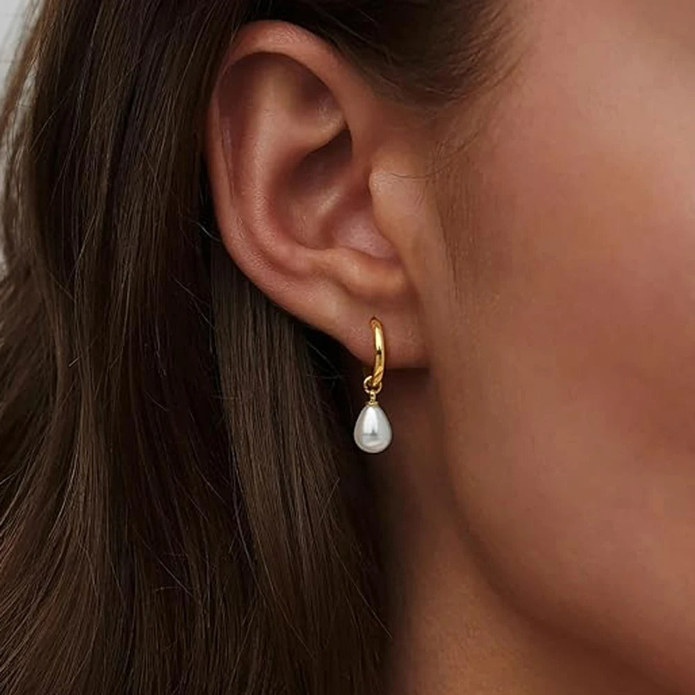 Gold-Plated White Pearl Drop Earrings - Dalia