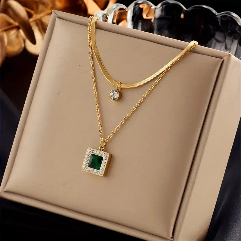 Althea Gold-Plated Double Necklace with Green Crystal Pendants