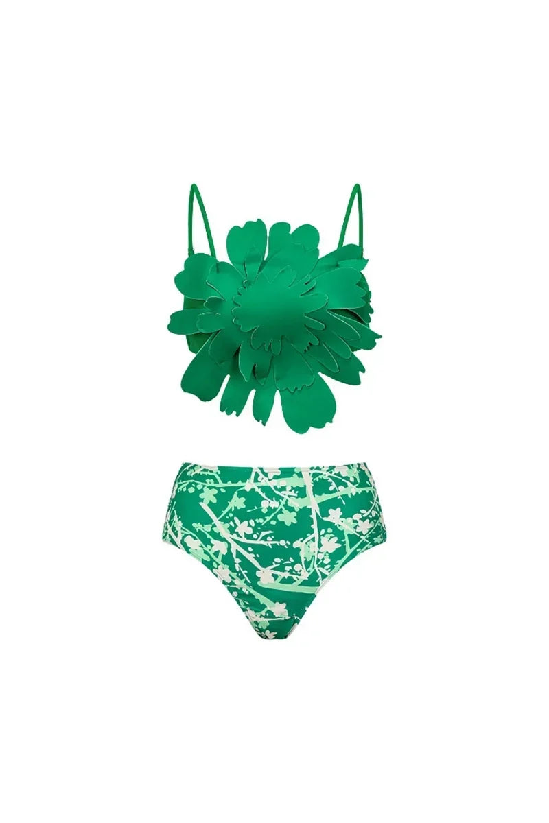 Flower Accent Green Patterned Two-Piece Bikini