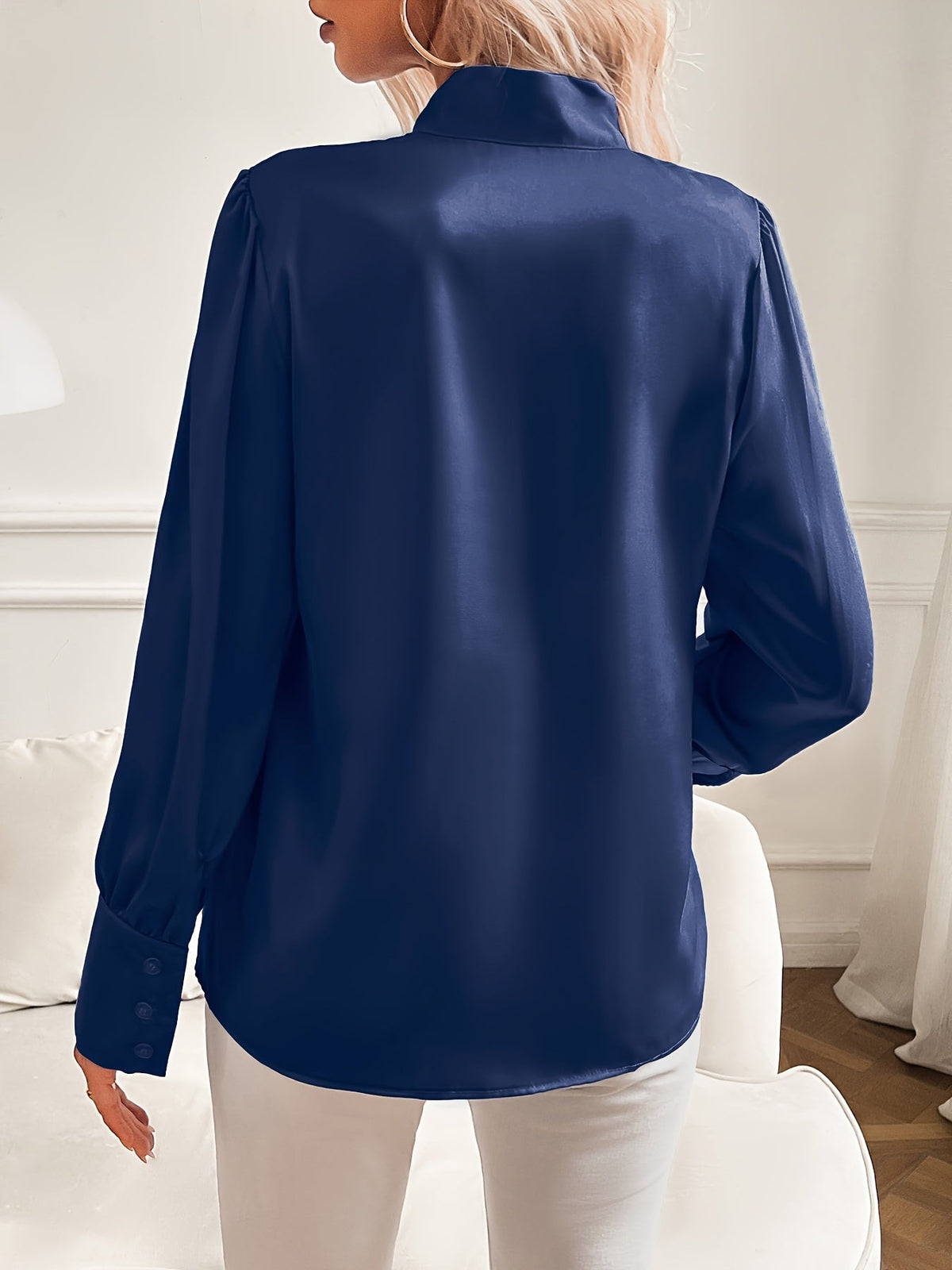 Women's Elegant Satin Finish Bow Neck Blouse with Puff Sleeves – Silky Long Sleeve Top for Office and Evening Wear