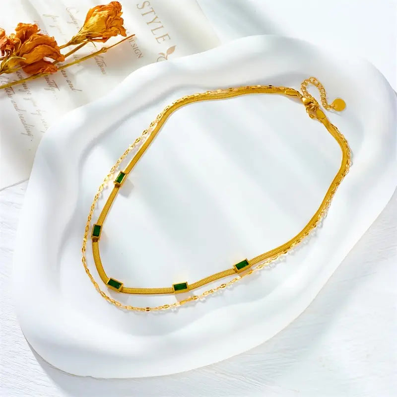 Gold-Plated Double Necklace with Green Rectangles - Narelle