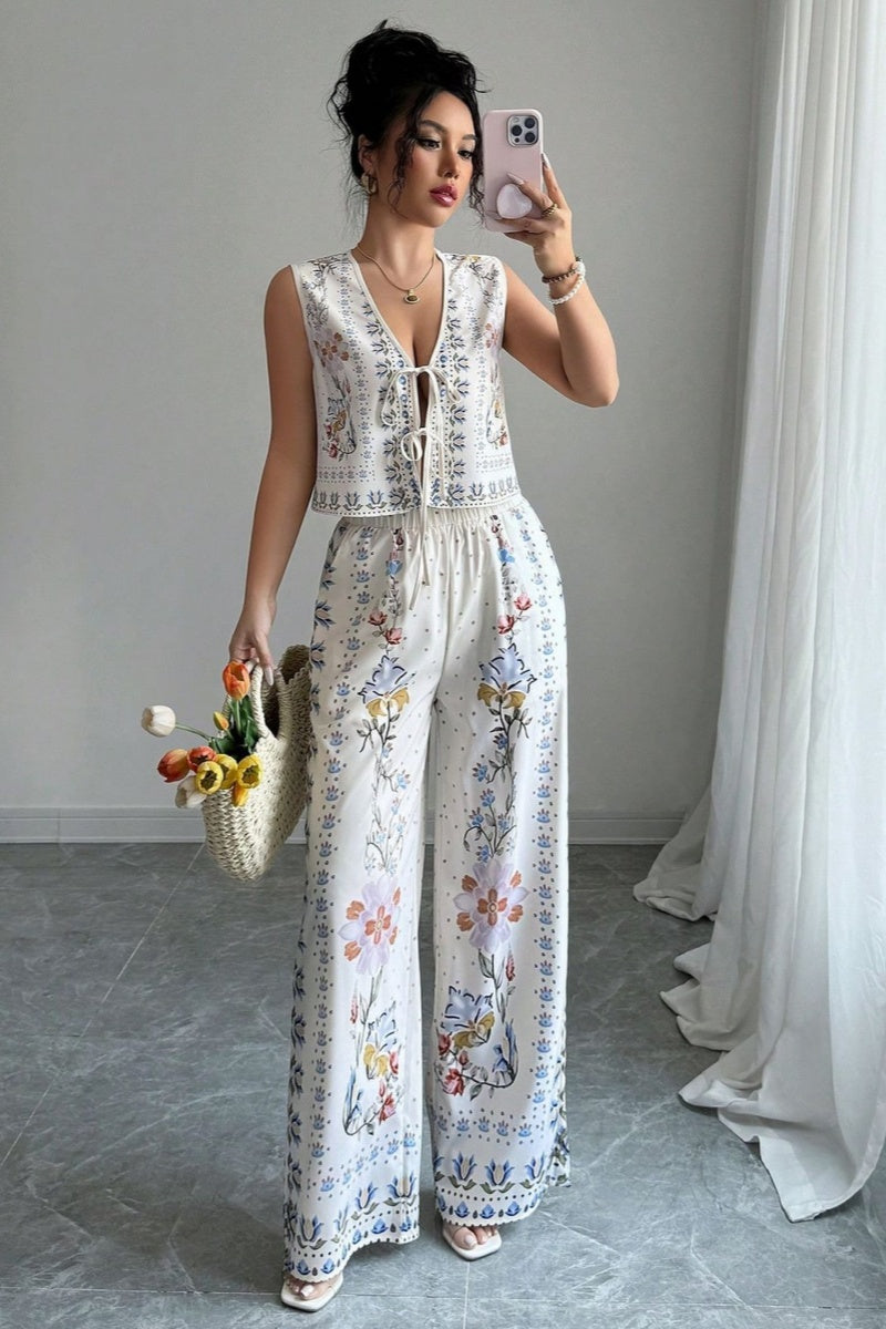 Tie-Up Vest & Wide-Leg Trousers Set Sky Blue Print