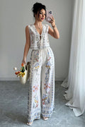 Tie-Up Vest & Wide-Leg Trousers Set Sky Blue Print
