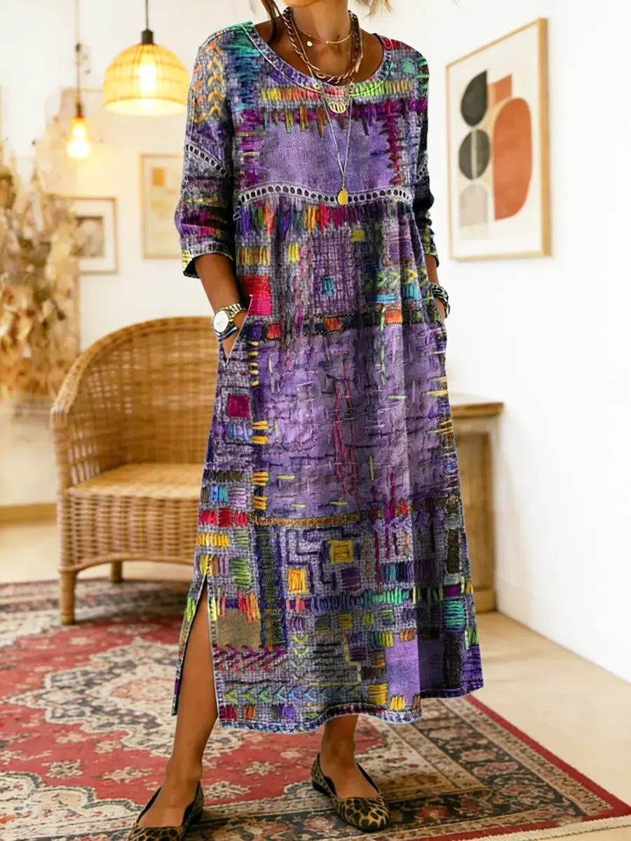 Manuela | Boho Printed Denim Dress with Ethnic Patchwork
