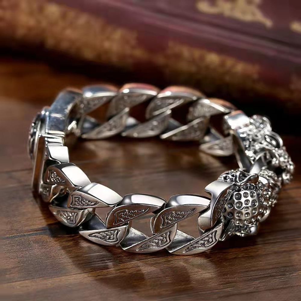 Hekkan Men's Leopard Head Bracelet with Metallic Tribal Pattern
