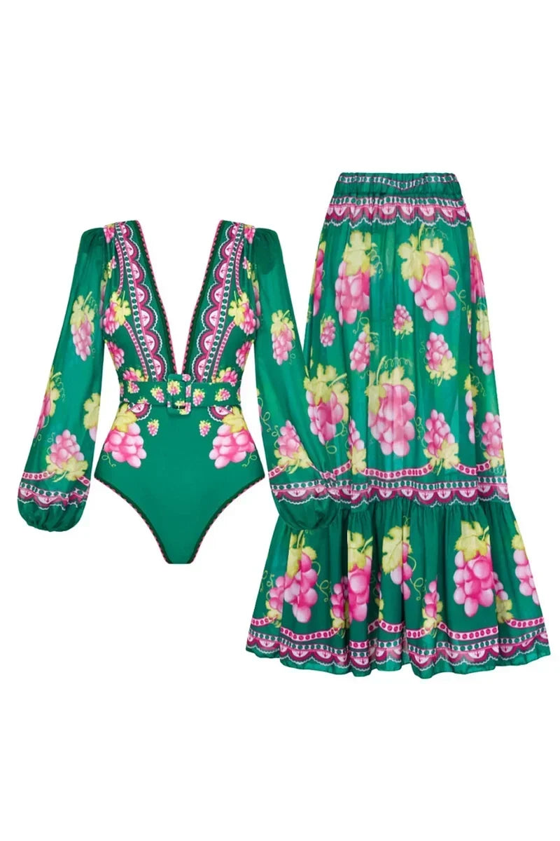 Deep V Retro Print Long Sleeve Swimwear Set