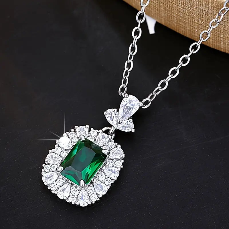 Evania Silver Necklace with Green Cubic Zirconia Rectangle Pendant