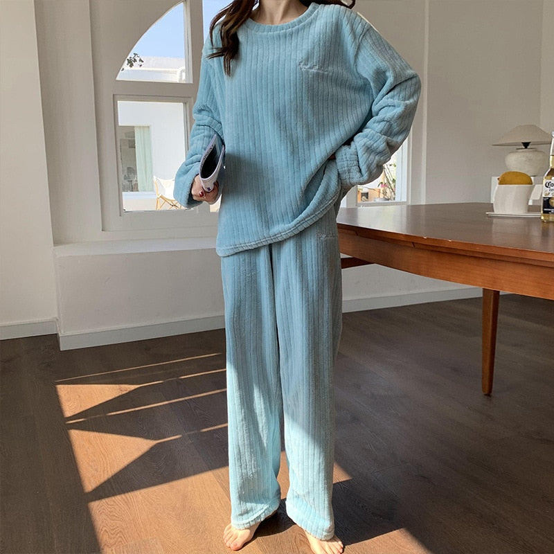 Women's Ribbed Fleece Long-Sleeve Top and Trousers Set – Soft Relaxed Two-Piece Loungewear for Autumn and Winter