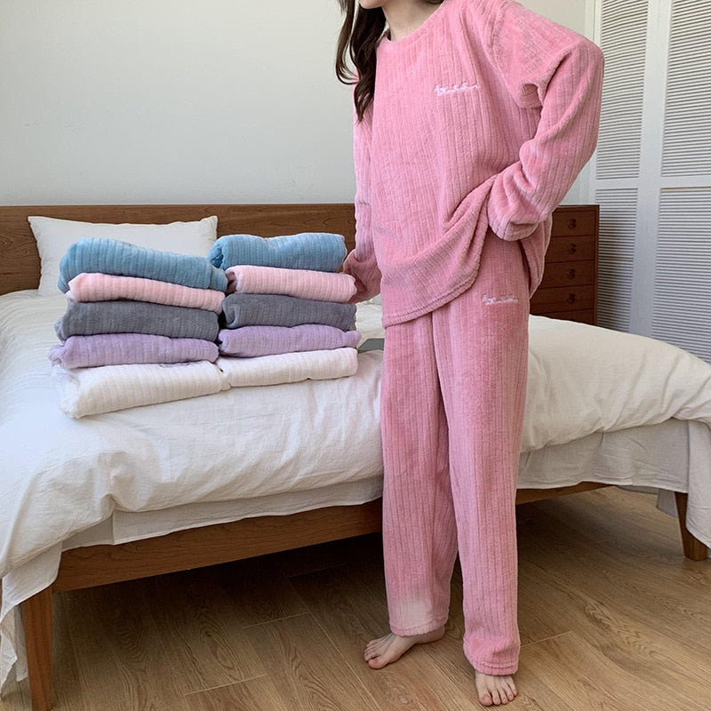 Women's Ribbed Fleece Long-Sleeve Top and Trousers Set – Soft Relaxed Two-Piece Loungewear for Autumn and Winter