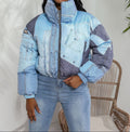 Women’s Cropped Padded Denim Puffer Jacket with High Funnel Collar and Patchwork Panels – Warm Casual Streetwear Outerwear for Autumn and Winter