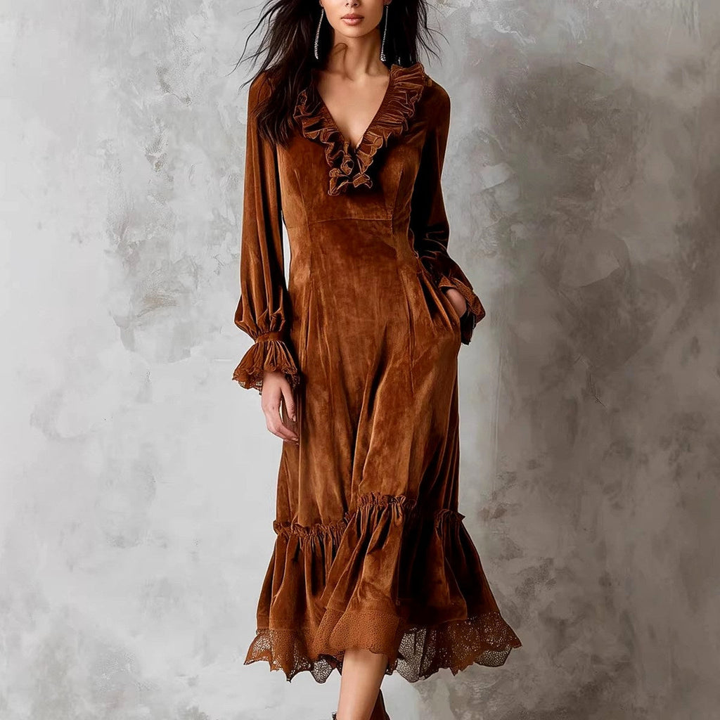Aira – Women’s Velvet V-Neck Ruffle Dress