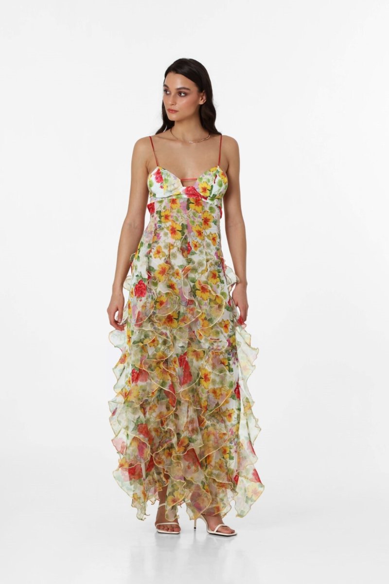 Alexia Ruffled Sheer Maxi-Length Dress