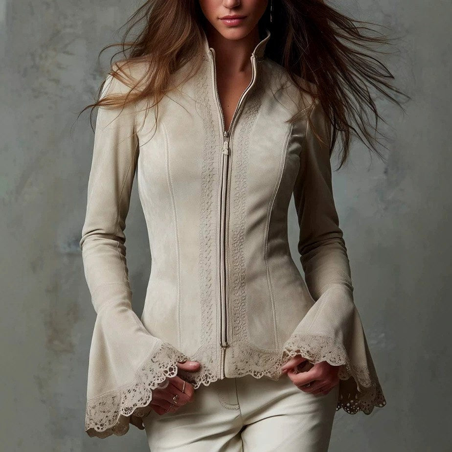 Amora - Women's Lace-Trimmed Suede Zip-Up Bell-Sleeve Jacket