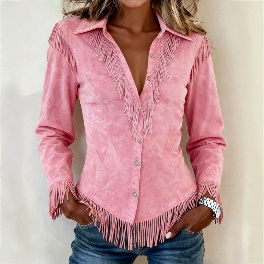 Antoinette - Women's Faux Suede Western Fringe Cowgirl Shirt