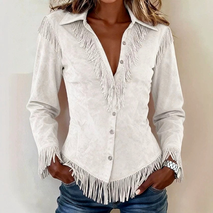 Antoinette - Women's Faux Suede Western Fringe Cowgirl Shirt