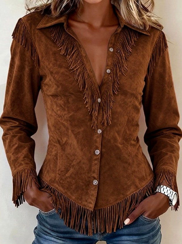 Antoinette - Women's Faux Suede Western Fringe Cowgirl Shirt