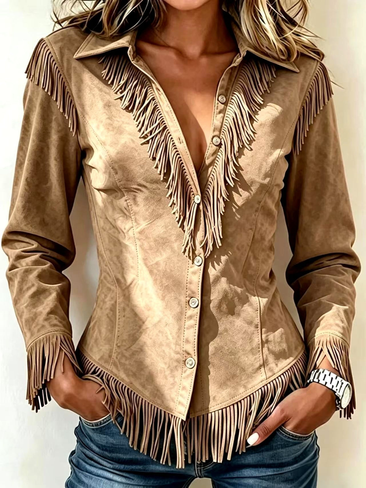 Antoinette - Women's Faux Suede Western Fringe Cowgirl Shirt
