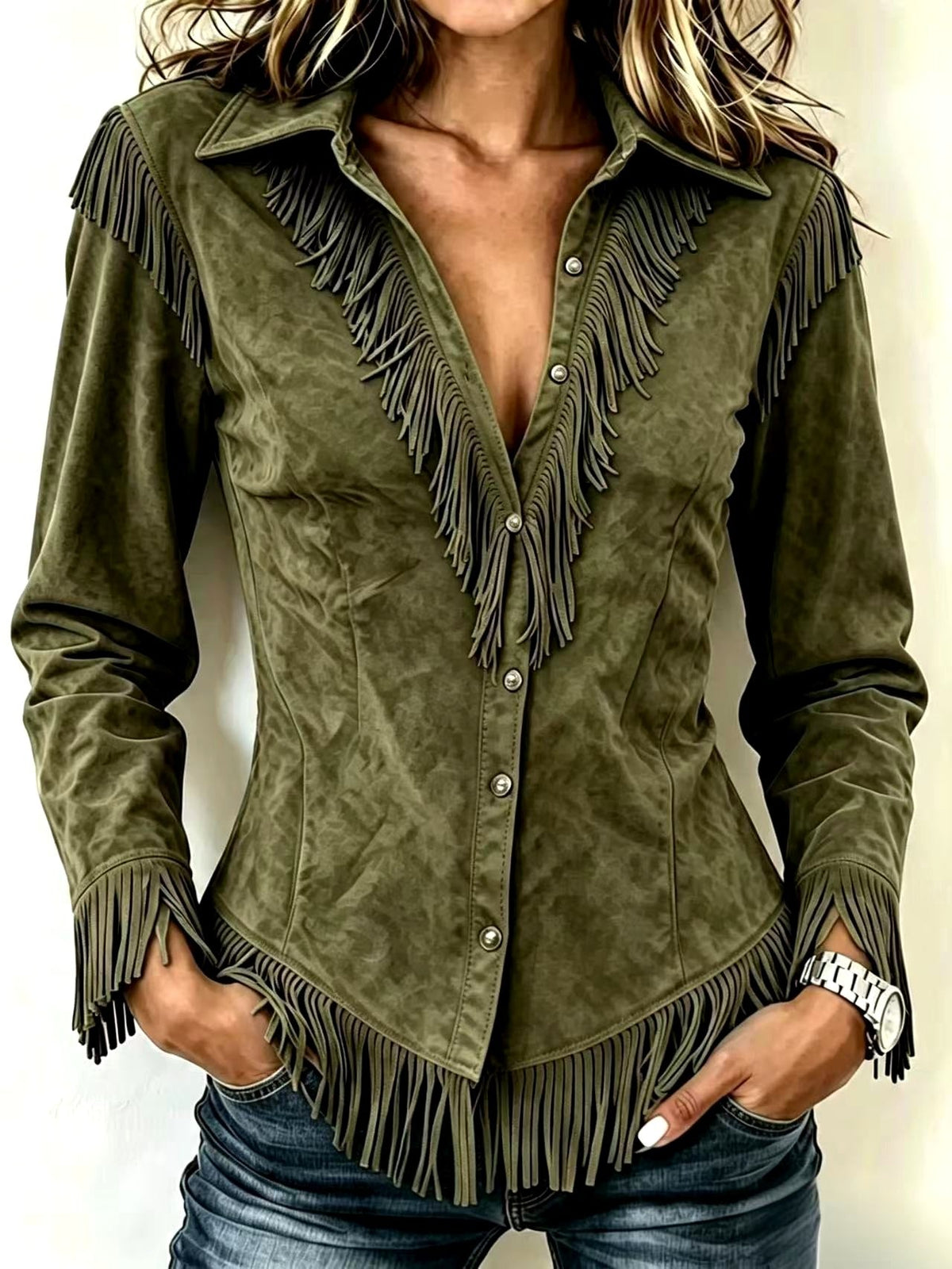 Antoinette - Women's Faux Suede Western Fringe Cowgirl Shirt