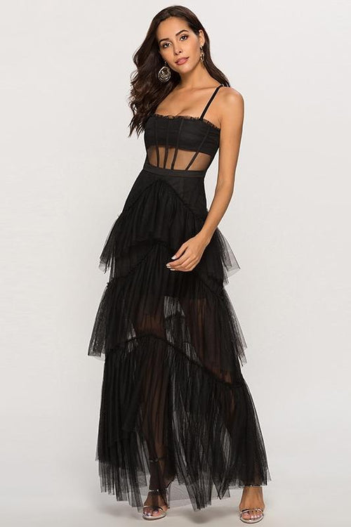 Arlene Corset Leayered Mesh Slip Maxi-Length Dress