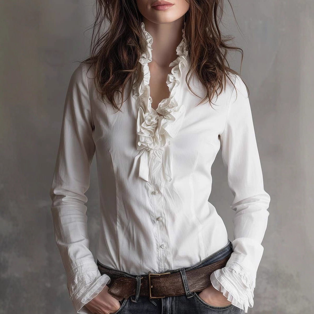 Aubree - Women's Ruffle Collar Button-Down Formal Blouse