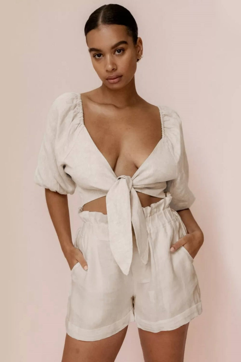 Modern Linen Wrap Front Tie Puff Sleeve Shorts Sets In Khaki