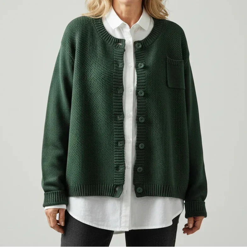 Women’s Textured Knit Button-Up Cardigan with Round Neck and Chest Pocket – Relaxed Classic Layer for Spring and Autumn