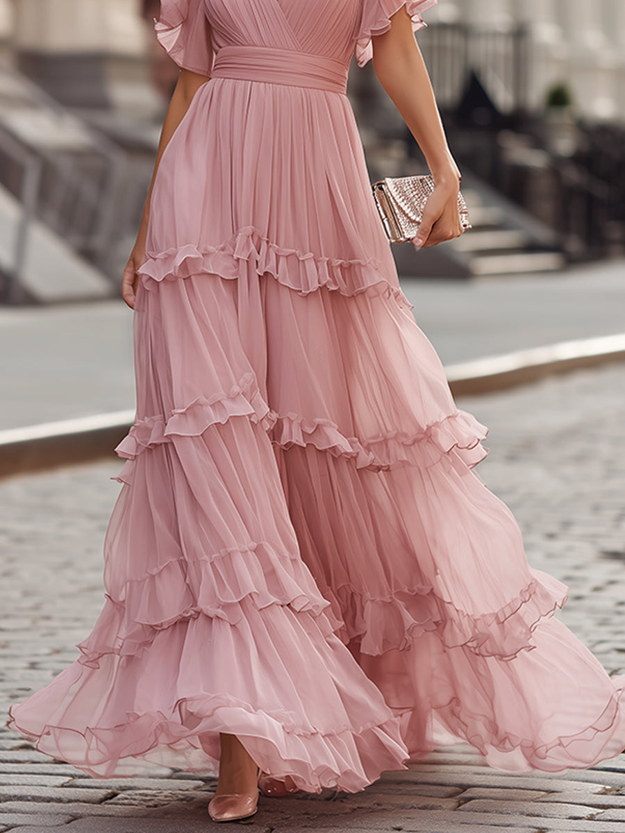 Short Sleeve Flutter Ruffled V-Neck Tiered Maxi Dress