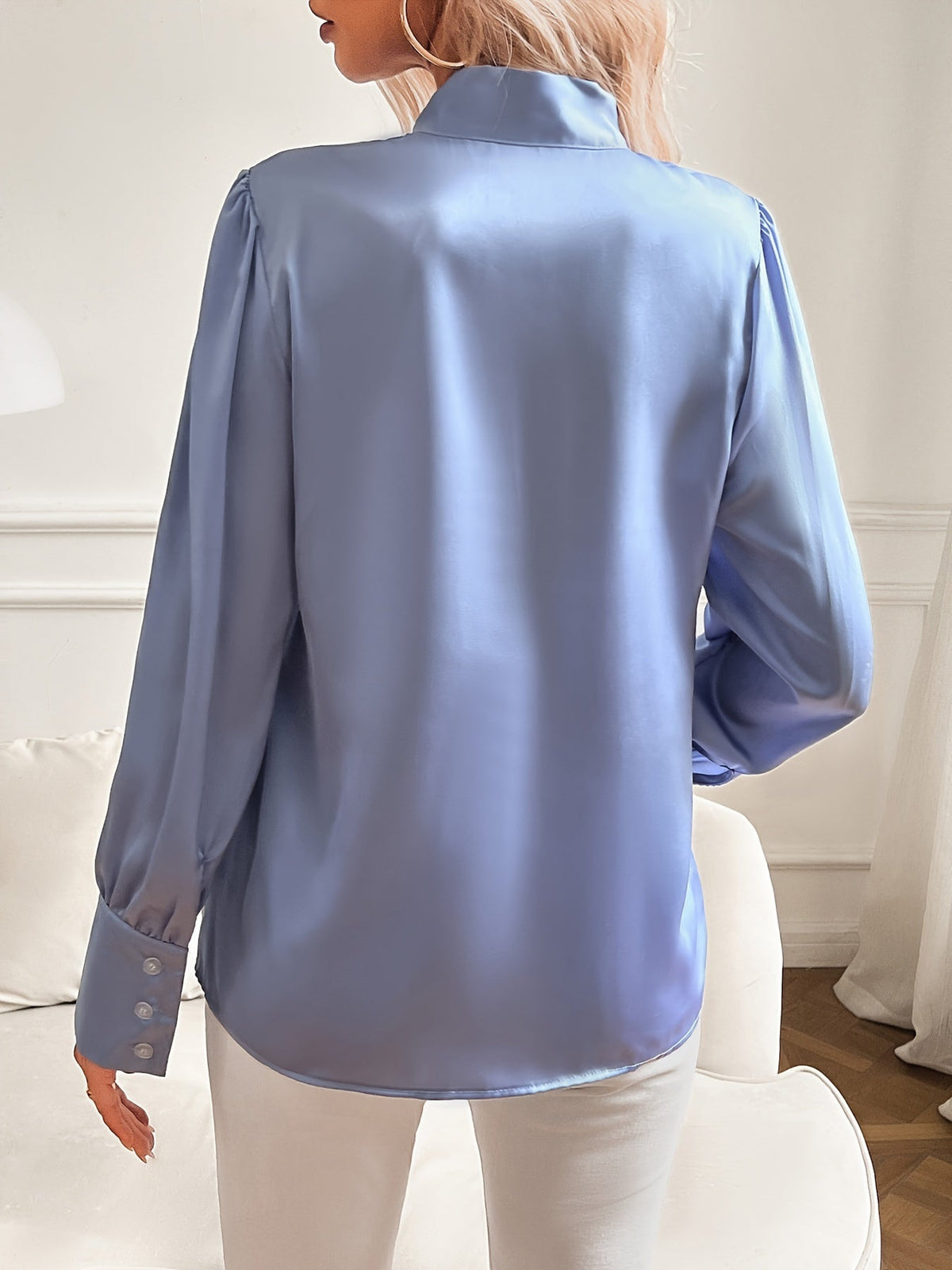 Women's Elegant Satin Finish Bow Neck Blouse with Puff Sleeves – Silky Long Sleeve Top for Office and Evening Wear